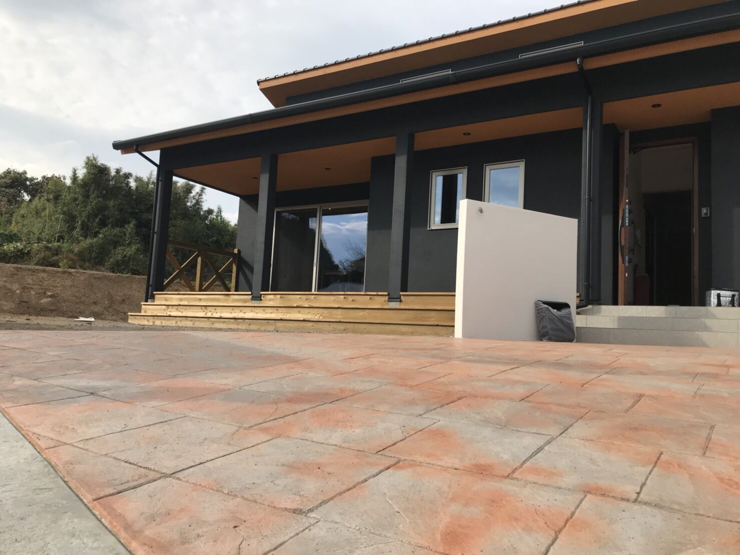 勾配天井と深い軒のある平屋